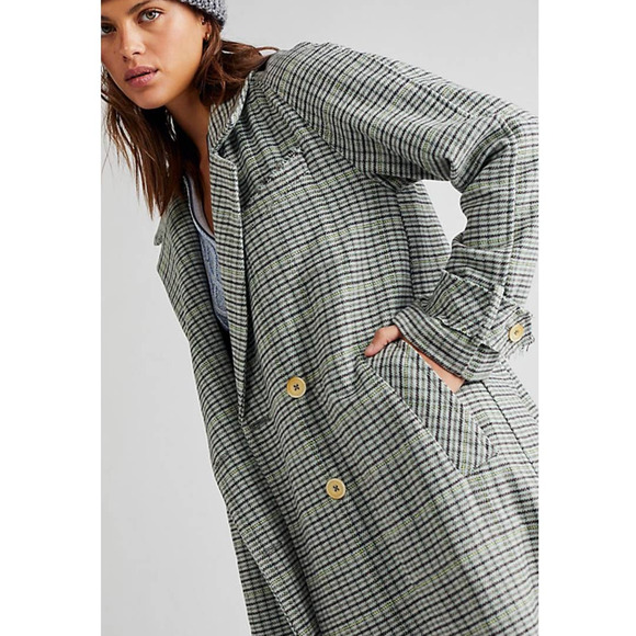 New Free People We The Free Liberty Plaid Duster Jacket $298 LARGE Light Blue - Picture 2 of 7